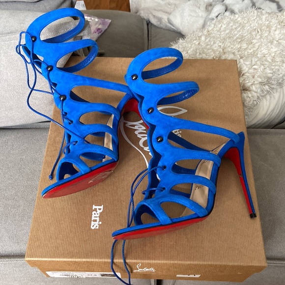 Christian Louboutin Amazoulo 100 Blue Suede Lace-Up Heel sz 37.5 $1500.00 - Picture 7 of 13